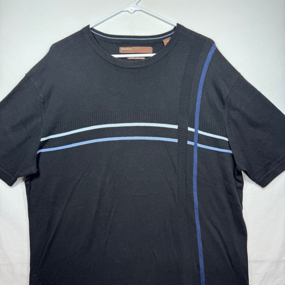 Perry Ellis Men XL Black Bamboo Cotton Blend Short‎ Sleeve Sweater Striped